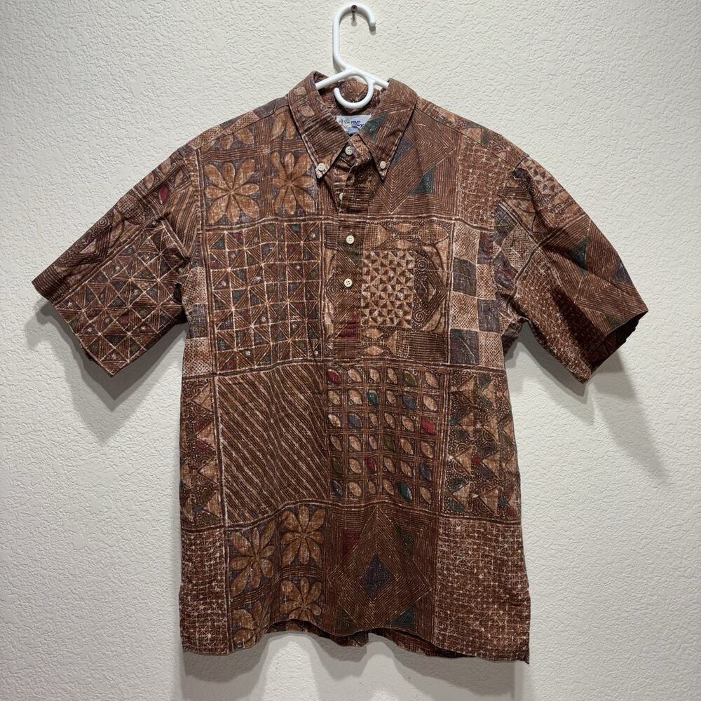 Vintage Reyn Spooner Pullover Tiki Brown Wood Pattern Shirt Rare